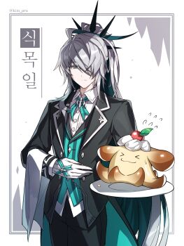 Rule 34 | > <, 1boy, ahoge, ainchase ishmael, aqua vest, artist name, black coat, black pants, blue necktie, bolo tie, butler, character request, closed mouth, coat, coattails, collared shirt, colored inner hair, commentary request, cowboy shot, elsword, empty eyes, expressionless, flying sweatdrops, gloves, green eyes, green hair, grey eyes, grey hair, hair over one eye, hand on own stomach, herrscher (elsword), high ponytail, highres, holding, holding plate, korean commentary, korean text, lapels, long hair, long sleeves, looking at viewer, male focus, multicolored eyes, multicolored hair, necktie, notched lapels, official alternate costume, ohil (ohil822), open clothes, open coat, pants, plate, ponytail, ringed eyes, shirt, simple background, solo, striped clothes, striped vest, tailcoat, translation request, twitter username, two-tone eyes, very long hair, vest, white background, white gloves, white shirt, wing collar