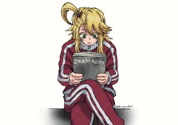 1boy anno_un_(undead_unluck) blonde_hair book death_note death_note_(object) feet_out_of_frame green_eyes highres holding holding_book jacket kuno_akira kurrrto long_hair male_focus red_jacket red_track_suit simple_background sitting solo track_suit undead_unluck worried zipper
