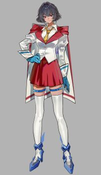 1girl ashi_(dongshi389) black_hair dark-skinned_female dark_skin decepticon gloves highres kotobukiya_bishoujo looking_at_viewer necktie red_eyes shirt short_hair skirt smile starscream starscream_(kotobukiya_bishoujo) transformers transformers:_generation_1 yellow_necktie