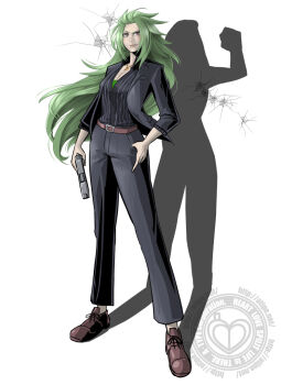 Rule 34 | 1girl, belt, black jacket, black suit, borrowed character, breasts, brown belt, brown shoes, bullet hole, cleavage, commentary request, different shadow, formal clothes, full body, green hair, gun, hair pulled back, hand in pocket, handgun, holding, holding gun, holding weapon, jacket, jewelry, large breasts, long hair, matsu (a-type corp), necklace, original, raised eyebrow, red eyes, shirt, shoes, solo, striped clothes, striped shirt, suit, vertical-striped clothes, vertical-striped shirt, very long hair, watermark, weapon