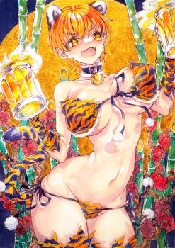 1girl :3 alcohol animal_ears animal_print bamboo beer beer_glass beer_mug bell bikini chikinan_tarou cowboy_shot cup curvy fang fate/grand_order fate_(series) flower highres holding holding_cup jaguar_ears jaguarman_(fate) light_blush moon mug narrow_waist navel neck_bell open_mouth orange_eyes orange_hair painting_(medium) panties pom_pom_(clothes) print_bikini red_flower short_hair side-tie_panties smile solo string_bikini swimsuit tail tiger_print tiger_tail traditional_media underwear watercolor_(medium) wide_hips