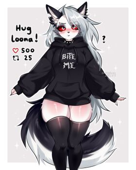 1girl animal_ears black_hoodie black_thighhighs blush breasts colored_sclera earrings english_text feet_out_of_frame furry furry_female grey_background grey_eyes grey_hair hellaverse helluva_boss highres hood hood_down hoodie jewelry large_breasts like_and_retweet long_hair long_sleeves loona_(helluva_boss) pout puffy_long_sleeves puffy_sleeves red_sclera shiny_clothes shiny_skin slit_pupils solo strawbwymilk tail thighhighs white_background wolf_ears wolf_tail