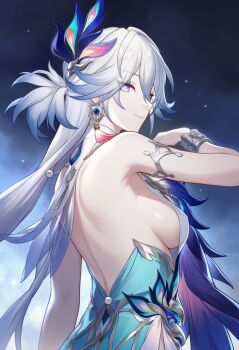Rule 34 | 1girl, armlet, bare back, bracelet, breasts, commentary request, earrings, from side, gradient hair, hair between eyes, highres, honkai: star rail, honkai (series), jewelry, long hair, multicolored hair, one side up, pale skin, peacock feathers hair ornament, sideboob, sidelocks, solo, un uk, upper body, white hair, yao guang (honkai: star rail)