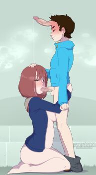 1boy 1girl absurdres age_difference barefoot breasts erection flcl hetero highres nandaba_naota one_eye_closed oral red_hair samejima_mamimi shota teenage_girl_and_younger_boy what