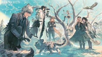2boys 4girls ameriya animal_ears arknights asymmetrical_legwear black_dress black_gloves black_hair black_tube_top blonde_hair blue_coat boots braid cliffheart_(arknights) coat covering_another degenbrecher_(arknights) dress formal_clothes fur-trimmed_boots fur-trimmed_hood fur_trim gloves gnosis_(arknights) goat_ears goat_horns grey_hair highres holding holding_snowball hood horns in_tree kjera_(arknights) long_hair multiple_boys multiple_girls pillbox_hat pramanix_(arknights) pramanix_(caster&#039;s_frost)_(arknights) silverash_(arknights) silverash_(york&#039;s_bise)_(arknights) snow_cat snow_leopard snow_leopard_boy snow_leopard_ears snow_leopard_girl snow_leopard_tail snowball strapless suit tenzin_(arknights) tree tube_top twin_braids very_long_hair white_coat white_gloves