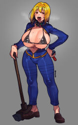 Rule 34 | 1girl, absurdres, areola slip, arm behind head, bikini, black bikini, black eyes, blonde hair, blue jumpsuit, blush, bob cut, breasts, breasts out, collar, drug-on tongue, drugs, fallout (series), fallout 4, full body, gold trim, grey background, hair between eyes, hammer, hand on own hip, highres, holding, holding weapon, huge breasts, jumpsuit, large breasts, micro bikini, mob face, navel, open clothes, open mouth, shoes, short hair, simple background, skindentation, sledgehammer, solid oval eyes, solo, standing, steam, steaming body, stomach, sweat, sweatdrop, swimsuit, triangle mouth, vault girl, vault suit, waa153, watermark, weapon