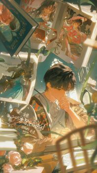 1boy 1girl absurdres asymmetrical_bangs blue_dress blurry blush book bow braid brooch brown_eyes brown_hair brown_jacket cha_pu chinese_text choker closed_mouth collared_shirt concentrating dated day dress eyelashes fingernails floating floating_book floating_object flower green_eyes green_ribbon hair_bow heart hetero highres holding holding_pen hood hood_down indoors jacket jewelry juliet_sleeves leaf letter long_hair long_sleeves multiple_views note open_book original parted_bangs pen photo_(object) pink_flower pink_rose profile puffy_sleeves red_bow red_choker red_ribbon ribbon rose sash shelf shirt short_hair smile sparkle sunlight watermark white_shirt window writing