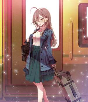 1girl :d ahoge alternate_costume blue_jacket brown_bag brown_eyes brown_hair casual feet_out_of_frame frilled_jacket frills green_skirt high-waist_skirt highres holding holding_suitcase hololive hololive_english jacket light_particles long_hair looking_at_viewer multicolored_hair nanashi_mumei official_alternate_hairstyle open_mouth pleated_skirt rolling_suitcase shirt skirt smile streaked_hair suitcase taka_t train turtleneck virtual_youtuber white_shirt
