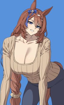1girl black_pants blue_background blue_eyes breasts brown_hair brown_sweater cleavage highres horse_tail large_breasts looking_at_viewer lut01 pants smile solo super_creek_(umamusume) sweater tail umamusume umamusume:_cinderella_gray