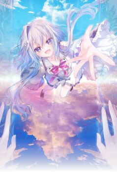 1girl 1other 9-nine- :d blue_eyes blue_sky blush bow bowtie breasts buttons choker cloud collarbone day diamond_hair_ornament double-breasted dress eyes_visible_through_hair foreshortening frilled_sleeves frills full_body gloves grey_hair hair_between_eyes hakusen_academy_school_uniform happy highres izumi_tsubasu key_visual kisaragi_yuna_(9-nine-) large_breasts loafers long_hair midair official_art open_door open_mouth outdoors outstretched_arm outstretched_hand pink_bow pink_bowtie pov pov_hands promotional_art reaching reaching_towards_viewer school_uniform shoes short_dress sidelocks single_hair_intake sky sleeves_past_fingers sleeves_past_wrists smile straight-on teeth textless_version thighhighs upper_teeth_only very_long_hair white_choker white_dress white_thighhighs wide_sleeves zettai_ryouiki