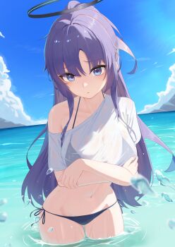 1girl absurdres bikini blue_archive blue_eyes blue_sky breasts cowboy_shot day hair_between_eyes halo highres large_breasts long_hair looking_at_viewer mechanical_halo navel ocean outdoors panties pige_pig purple_hair see-through_clothes see-through_shirt shirt short_sleeves sky solo standing swimsuit underwear wading wet wet_clothes white_shirt yuuka_(blue_archive)