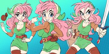 blue_eyes breasts cleavage elf_hat genderswap genderswap_(mtf) highres large_breasts left-handed link nintendo pink_hair shield stocking_cap sword teevo the_legend_of_zelda the_legend_of_zelda:_a_link_to_the_past thighhighs tunic weapon