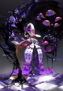 1girl absurdres black_pantyhose book breasts checkered_floor cleavage dress dripping earrings eldritch_abomination extra_eyes floating floating_book floating_object full_body grimoire hat highres holding jeongwon_choi jewelry large_breasts large_hat liquid long_hair looking_at_viewer magic open_book original pantyhose pink_eyes pointy_ears purple_eyes purple_hair solo standing white_dress witch witch_hat