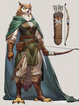 1girl archer_(fate) arrow_(projectile) artist_name belt belt_pouch bird_girl bow_(weapon) brown_belt brown_feathers cape commentary dagger english_commentary feathers furry furry_female gloves highres holding holding_arrow holding_bow_(weapon) holding_weapon knife long_sleeves nonoka917 original owl_ears owl_girl pouch quiver shirt simple_background solo talons weapon