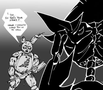 1boy 1other absurdres animal_ears animatronic axe commentary cyborg deltarune english_commentary english_text five_nights_at_freddy's five_nights_at_freddy's_3 genderswap greyscale highres holding holding_axe holding_weapon monochrome rabbit_ears roaring_knight simple_background sodaggs springtrap tagme utdr_(toby_fox) weapon william_afton