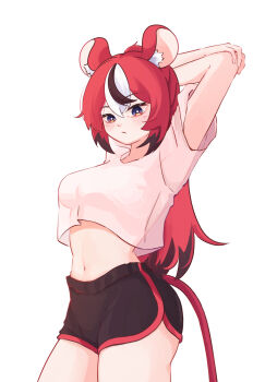 1girl animal_ear_fluff animal_ears armpits arms_behind_head black_hair black_shorts black_streaks blue_eyes breasts commentary cowboy_shot crop_top crop_top_overhang dolphin_shorts double-parted_bangs hair_between_eyes hakos_baelz highres hololive hololive_english iennie light_frown linea_alba long_hair looking_at_viewer medium_breasts midriff mouse_ears mouse_tail multicolored_hair navel ponytail red_hair see-through_silhouette shirt shorts standing stretching tail thighs virtual_youtuber white_background white_hair white_shirt