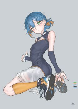 1girl absurdres ass bare_shoulders blue_hair blush commission detached_sleeves dress flat_chest folded_ponytail full_body green_eyes heterochromia highres indie_virtual_youtuber kneeling looking_at_viewer migiwa_mikage mji_(emucchi) multicolored_hair orange_eyes orange_hair shoes skeb_commission smile sneakers solo two-tone_hair virtual_youtuber
