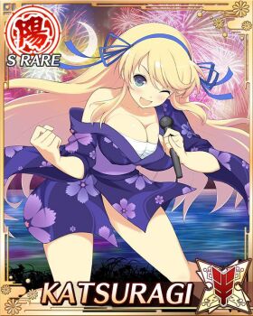 Rule 34 | 1girl, :d, aerial fireworks, bent over, blonde hair, blue kimono, blue ribbon, border, breasts, budget sarashi, card (medium), character name, chest sarashi, cleavage, crescent moon, fireworks, floral print, floral print kimono, game cg, green eyes, hair ribbon, holding, holding microphone, japanese clothes, katsuragi (senran kagura), kimono, lake, large breasts, long hair, looking at viewer, microphone, moon, night, official art, one eye closed, open mouth, print kimono, ribbon, sarashi, senran kagura, senran kagura new wave, smile, solo, third-party source, very long hair