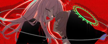 1boy 1girl bad_id bad_twitter_id black_shirt blonde_hair circle closed_eyes collared_shirt distortion facing_another floating_hair floating_headgear gekiyaku glitch habit halo headgear highres kazehiki_(utau) long_hair long_sleeves looking_at_another looking_up msb_(a47630968) neck_ribbon no_mouth open_mouth orbital_path pink_hair profile red_background red_eyes red_ribbon ribbon shirt short_hair smile static turtleneck upper_body utau