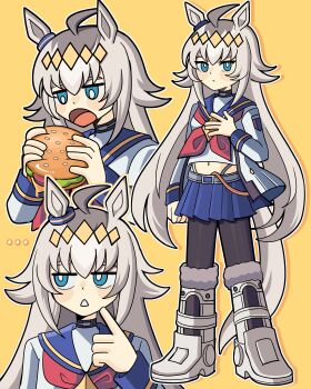 ... 1girl absurdres ahoge animal_ears black_pantyhose blue_eyes blue_skirt bobamiruku boots bright_pupils burger closed_mouth food grey_hair hand_on_own_chest highres holding holding_burger holding_food horse_ears horse_girl horse_tail knee_boots long_hair long_sleeves looking_at_viewer navel neckerchief oguri_cap_(umamusume) open_mouth pantyhose pleated_skirt red_neckerchief simple_background skirt solo tail triangle_mouth umamusume white_boots white_pupils yellow_background