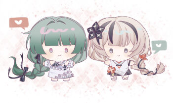 2girls black_flower black_ribbon black_skirt black_streaks blake_bloom_(wuthering_waves) braid c: camellya_(wuthering_waves) chibi chibi_only chinese_commentary commentary_request dress flower full_body green_hair grey_eyes hair_flower hair_intakes hair_ornament hair_ribbon heart lady_flora_(wuthering_waves) light_blush long_hair looking_at_viewer low-braided_long_hair low-tied_long_hair matching_hairstyle multicolored_hair multiple_girls musical_note_ornament off-shoulder_dress off_shoulder official_alternate_costume official_alternate_hairstyle outstretched_arms phrolova_(wuthering_waves) pleated_skirt ribbon ribbon_braid second-party_source shishilu shoes single_braid skirt sleeveless smile solid_oval_eyes spoken_heart spread_arms straight-on streaked_hair treble_clef two-tone_hair very_long_hair white_background white_dress white_hair white_shoes wuthering_waves