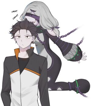 1boy 1girl aoui black_hair chain commentary commission daphne_(re:zero) english_commentary highres natsuki_subaru re:zero_kara_hajimeru_isekai_seikatsu sharp_teeth sweat teeth track_suit white_background white_hair