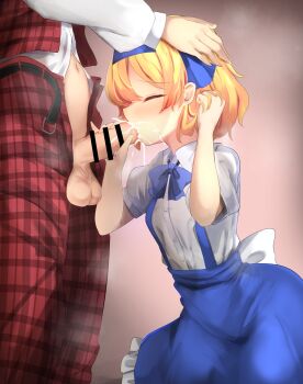 2girls alice_margatroid alice_margatroid_(pc-98) bar_censor belt blonde_hair blue_hairband blush bow censored closed_eyes commentary_request commission cum cum_in_mouth dress ejaculation fellatio futa_with_female futanari hair_bow hair_ribbon hairband head_out_of_frame headpat highres holding kazami_yuuka kazami_yuuka_(pc-98) leon0705 multiple_girls navel oral pants penis pixiv_commission plaid_clothes plaid_pants plaid_vest ribbon shirt short_hair short_sleeves simple_background skirt suspenders testicles touhou touhou_(pc-98) unbuttoned vest white_shirt yellow_eyes