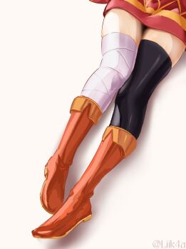 1girl artist_name asymmetrical_legwear bandaged_leg bandages black_thighhighs boots brown_boots commentary dress highres kono_subarashii_sekai_ni_shukufuku_wo! leg_focus liik4a lower_body megumin red_dress shadow simple_background single_thighhigh solo thighhighs untranslatable_commentary white_background