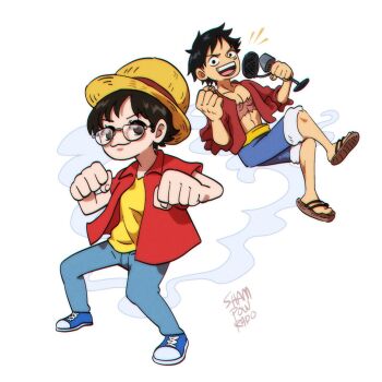 1boy 1girl artist_name black_hair blue_pants blue_shorts clenched_hand clenched_hands closed_mouth commentary denim english_commentary facial_scar fighting_stance full_body glasses hat highres holding holding_microphone jeans looking_at_viewer microphone monkey_d._luffy one_piece open_clothes open_mouth open_shirt pants red_skirt sandals sash scar scar_on_cheek scar_on_chest scar_on_face shampowrado shirt short_hair shorts signature sitting skirt standing straw_hat tanaka_mayumi voice_actor yellow_sash yellow_shirt