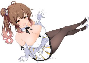 1girl bare_shoulders breasts brown_hair cevio cleavage commentary_request detached_collar dress elbow_gloves gloves gradient_hair half-closed_eyes highres k_suke2nd large_breasts multicolored_dress multicolored_hair pantyhose satou_sasara shoes skirt waving white_dress white_shoes yellow_eyes