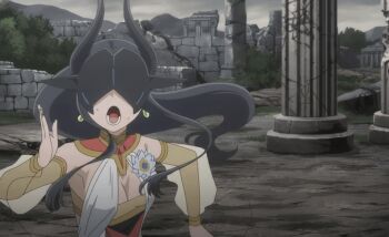 1girl absurdres armpits black_hair black_mask breasts character_request cleavage detached_sleeves dot_nose dungeon_ni_deai_wo_motomeru_no_wa_machigatteiru_darou_ka earrings female_focus flower flower_on_chest hathor_(danmachi) highres horns jewelry long_hair lower_teeth_only mask medium_breasts no_bra open_mouth outdoors running see-through_clothes see-through_sleeves sexually_suggestive solo solo_focus sweatdrop teeth third-party_edit white_flower white_sleeves