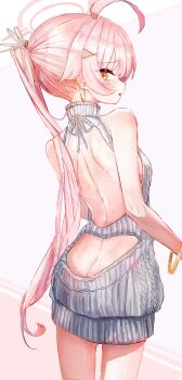 Rule 34 | 1girl, a1u, absurdres, ahoge, back, backless outfit, blue archive, butt crack, commentary, earrings, grey sweater, halo, highres, hoshino (blue archive), jewelry, long hair, looking at viewer, looking back, open mouth, orange eyes, pink hair, pink halo, ponytail, revision, ribbed sweater, solo, sweater, very long hair, virgin killer sweater