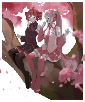 2girls ahoge bare_shoulders black_boots blurry blurry_foreground boots border cherry_blossoms closed_eyes detached_sleeves drill_hair full_body grey_shirt grey_skirt hand_up hands_up hatsune_miku highres ikimonozukan_(pixiv_114109704) in_tree kasane_teto kasane_teto_(utau) long_hair long_sleeves miniskirt multiple_girls necktie one_eye_closed open_mouth outdoors pink_boots pink_hair pink_necktie pink_shirt pink_sleeves pleated_skirt red_hair sakura_miku shirt sitting sitting_in_tree skirt sleeveless sleeveless_shirt thigh_boots tree twin_drills twintails utau very_long_hair vocaloid white_border