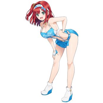 1girl bent_over blue_skirt blue_slingshot_swimsuit breasts cleavage dolphin_hair_ornament dolphin_wave fingerless_gloves full_body game_cg gloves green_scrunchie groin hair_intakes hair_ornament hair_scrunchie hand_on_own_hip hand_on_own_thigh headband high_heels highres large_breasts looking_at_viewer medium_hair navel non-web_source official_art one_side_up ootomo_takuji open_mouth rebirth_for_you red_hair sakimiya_iruka scrunchie skirt slingshot_swimsuit smile solo swimsuit transparent_background two-tone_slingshot_swimsuit white_headband white_slingshot_swimsuit