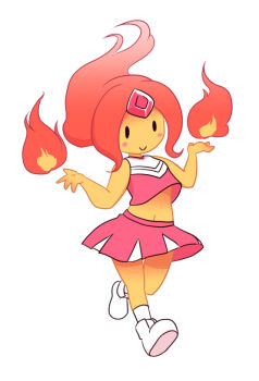 1girl :&gt; adventure_time alternate_costume blush_stickers cheerleader colored_skin female_focus fire flame_princess forehead_jewel long_hair nollety orange_skin pink_hair pyrokinesis solo walking