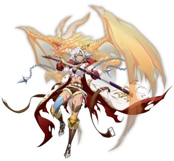 1girl absurdres armored_boots bandaged_weapon bare_shoulders belt black_bra blue_thighhighs body_markings boots bra breasts brown_shorts chain choker claws cleavage closed_mouth coat dark-skinned_female dark_skin dragon dragon_horns dragon_wings drawing_sword earrings floating_clothes fold-over_boots full_body fur-trimmed_shorts fur_trim game_cg gold_trim grey_eyes grey_hair hair_ornament high_heel_boots high_heels highres holding holding_sheath holding_sword holding_weapon horns jewelry knee_boots langrisser langrisser_mobile leg_up looking_at_viewer medium_breasts midriff multiple_belts navel official_alternate_costume official_art open_clothes open_coat red_coat roaring scabbard scales second-party_source sheath shirt short_hair short_shorts shorts simple_background single_thighhigh smile solo_focus standing standing_on_one_leg sword tachi-e tatalia_(langrisser) thigh_belt thigh_strap thighhighs thighs tied_shirt torn_clothes torn_coat torn_shirt transparent_background two-sided_coat two-sided_fabric underwear unsheathing weapon western_dragon white_coat white_shirt wings