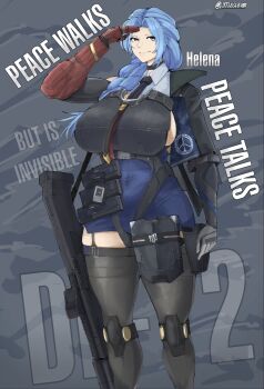 1girl ammunition armor black_necktie black_thighhighs blue_hair blue_skirt braid breasts bullpup character_name collared_shirt commentary covered_navel double-barreled_shotgun dp-12_(girls&#039;_frontline) english_commentary garter_straps girls&#039;_frontline girls&#039;_frontline_2:_exilium grey_eyes gun hair_over_shoulder helen_(girls&#039;_frontline_2) high-waist_skirt highres huge_breasts littleclevie looking_to_the_side miniskirt multiple-barrel_gun necktie pump-action_shotgun salute shirt shotgun side-by-side-barreled_shotgun skirt smile solo standard_manufacturing_dp-12 suppressor tactical_clothes thicc-boi-12 thighhighs twitter_username weapon white_shirt