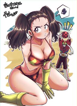 1boy 1girl arm_under_breasts arms_up ball beach beachball bikini black_bodysuit bodysuit boots breasts brown_hair cleavage commentary_request commission compound_eyes electrer electro_wave_human_tackle gloves grey_eyes hair_pulled_back helmet highres hip_bones holding holding_ball kamen_rider kamen_rider_stronger kamen_rider_stronger_(series) large_breasts misaki_yuriko navel o-ring o-ring_bikini open_mouth otyumamii red_bikini red_trim rider_belt scarf sitting skeb_commission speech_bubble spoken_squiggle squiggle sweat sweatdrop swimsuit tokusatsu translation_request twintails wariza white_gloves white_scarf yellow_boots yellow_gloves yellow_trim