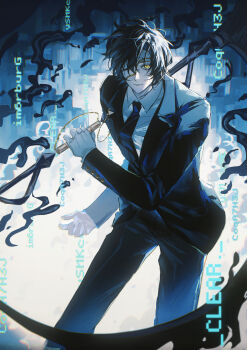 Rule 34 | 1boy, absurdres, black hair, black jacket, black necktie, black pants, black suit, chinese commentary, ciphertext, closed mouth, collared shirt, commentary request, cracked mask, curtained hair, eye mask, feet out of frame, formal clothes, gloves, gold trim, highres, holding, holding scythe, index (identity) (project moon), ink, jacket, lapels, limbus company, long sleeves, looking at viewer, male focus, mask, mask over one eye, necktie, notched lapels, over shoulder, pants, parted bangs, project moon, reverse grip, scythe, shirt, short hair, sidelocks, smile, solo, suit, suit jacket, weapon, weapon over shoulder, white gloves, white shirt, wing collar, xiaorourose, yellow eyes, yi sang (project moon)