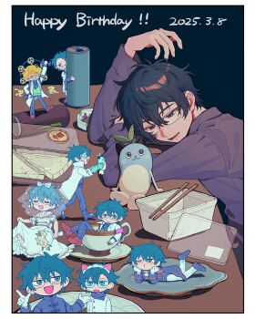 Rule 34 | 1boy, animal ears, aqua eyes, armband, belt, blue hair, border, bouquet, bridal veil, can, chopsticks, cigarette, cigarette holder, clothes lift, coat, crossdressing, crossdressing (mtf), cup, dated, dress, dress lift, drink can, fake animal ears, flower, glasses, grey shirt, happy birthday, high collar, highres, holding, holding bouquet, leos vincent, leos vincent (1st costume), male focus, mameneko (leos vincent), monster energy, naba (222kg neko000), necktie, nijisanji, nijisanji idol uniform, one eye closed, open clothes, open coat, pants, plate, puckered lips, saucer, shirt, short hair, small sweatdrop, table, teacup, veil, vest, virtual youtuber, wedding dress, white border, white coat, white dress