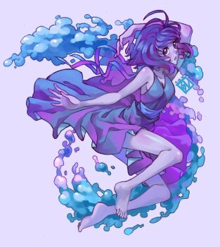 1girl arm_up bare_shoulders barefoot blue_dress blue_eyes blue_hair breasts cleavage collarbone colored_skin dated dress highres lapis_lazuli_(steven_universe) open_mouth poch4n purple_background purple_skin shiny_skin short_hair simple_background solo steven_universe water