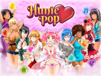 6+girls absurdres afro aiko_yumi animal_print audrey_belrose beli_lapran bell black_hair blonde_hair blue_eyes blue_hair bow breasts broken_heart cardigan choker cleavage crescent denim denim_shorts earrings fairy fairy_wings fingerless_gloves fire flower game_cg glasses gloves green_eyes grey_eyes gyaru hair_flower hair_ornament heart heart_earrings highres hunie_(series) huniepop jessie_maye jewelry kyanna_delrio kyu_sugardust large_breasts leopard_print lola_rembrite medium_breasts multicolored_hair multiple_girls musical_note necktie nikki_ann-marie non-web_source official_art panties pink_eyes pink_hair pink_panties purple_eyes red_bow red_eyes red_hair ribbon_choker short_twintails shorts small_breasts spaghetti_strap star_(symbol) tan teardrop tiffany_maye twintails underwear white_hair wings yellow_eyes
