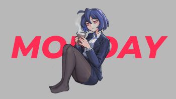 1girl :< ahoge bags_under_eyes black_pantyhose blue_hair blue_jacket blue_skirt blue_suit breasts closed_mouth coffee collared_shirt commentary cup disposable_coffee_cup disposable_cup double-parted_bangs drawpile_(medium) dress_shirt endless_monday:_dreams_and_deadlines english_commentary english_text eyebrows_hidden_by_hair formal_clothes from_side frown full_body grey_background hair_between_eyes half-closed_eyes highres holding holding_cup invisible_floor jacket knees_up legs_together long_eyelashes long_sleeves looking_at_viewer looking_to_the_side miniskirt no_shoes open_clothes open_jacket pantyhose pencil_skirt pink_eyes raised_eyebrows red_eyes shirt shirt_tucked_in short_hair sidelocks sitting skirt skye_(hcnone) small_breasts solo steam suit suit_jacket text_background thick_eyelashes thighs vertigris white_shirt