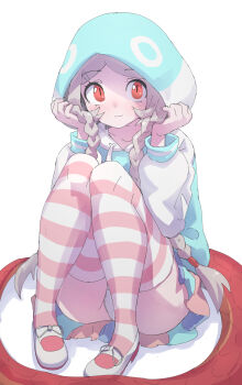 1girl absurdres amazon_tree_boa_(kemono_friends) braid grey_hair highres hood hoodie kemono_friends long_hair looking_at_viewer lowlandgorilla panties red_eyes shoes simple_background sitting skirt snake_girl snake_tail solo tail thighhighs twin_braids underwear