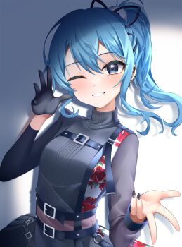 1girl black_gloves black_nails blue_eyes blue_hair commentary_request fuyumichi gloves high_ponytail highres hololive hoshimachi_suisei hoshimachi_suisei_(shout_in_crisis) looking_at_viewer official_alternate_costume one_eye_closed ponytail single_glove solo star_(symbol) star_in_eye symbol_in_eye upper_body virtual_youtuber