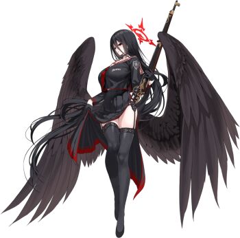 1girl black_choker black_gloves black_hair black_panties black_serafuku black_shirt black_shoes black_skirt black_thighhighs black_wings blackletter blue_archive blush bolt_action breast_pocket breasts choker clothes_writing english_text feathered_wings female_focus floating_hair full_body game_asset garter_belt garter_straps gloves grin gun hair_between_eyes half-closed_eyes half_gloves halo hand_up happy hasumi_(blue_archive) high_heels holding holding_gun holding_own_skirt holding_weapon huge_breasts lace lace-trimmed_garter_belt lace-trimmed_thighhighs lace_trim large_variant_set legs legs_together long_hair long_hair_between_eyes long_skirt long_sleeves looking_at_viewer midriff_peek mole mole_under_eye mx2j neckerchief official_art oversized_wings p14_enfield pale_skin panties panty_straps pleated_skirt pocket pumps red_eyes red_halo red_neckerchief red_trim rifle sailor_collar school_uniform serafuku shirt shirt_overhang shoes side_slit sidelocks simple_background skirt smile solo standing tachi-e teeth thighhighs thighs third-party_source transparent_background underwear variant_set very_long_hair weapon white_sailor_collar wings