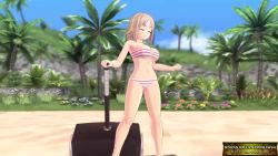 1girl 3d animated ass beach bomb bra breasts cleavage explosive game_console hair_ornament hairclip hammer hanabi_(senran_kagura) light_brown_hair looking_at_viewer navel one_eye_closed panties playstation_4 senran_kagura senran_kagura_estival_versus sound strapless strapless_bra striped_bra striped_clothes striped_panties tagme underwear video wink