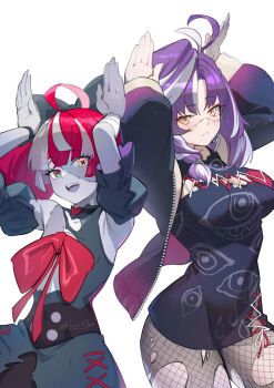 2girls :3 ahoge black_dress black_shirt breasts commentary detached_sleeves dress english_commentary fishnet_pantyhose fishnets green_eyes hair_bun hands_up heterochromia highres hololive hololive_indonesia indie_virtual_youtuber kureiji_ollie kureiji_ollie_(1st_costume) large_breasts michi_mochievee michi_mochievee_(1st_costume) multiple_girls open_mouth orange_eyes pale_skin pantyhose puffy_detached_sleeves puffy_sleeves purple_hair raijuu_(bakanara) red_hair scar scar_on_face shirt single_side_bun sleeveless sleeveless_dress surgical_scar teeth thighs torn_clothes torn_pantyhose torn_shirt upper_teeth_only virtual_youtuber white_streaks