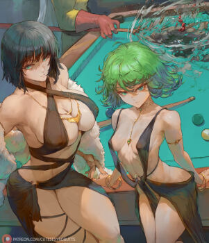 1boy 2girls aqua_eyes artist_name ball bare_shoulders bikini billiard_ball billiards pool_table black_hair breasts cleavage collarbone covered_erect_nipples cue_stick cutesexyrobutts dress fubuki_(one-punch_man) green_hair halterneck highres jewelry large_breasts looking_at_viewer multiple_girls navel necklace one-punch_man perky_breasts saitama_(one-punch_man) short_hair siblings sisters small_breasts swimsuit tagme tatsumaki telekinesis thighs wide_hips