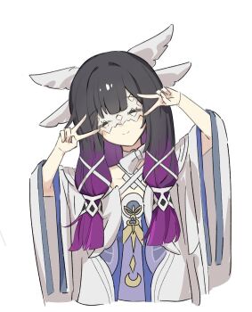 1girl akizuwa black_hair blush bow closed_eyes closed_mouth colored_inner_hair columbina_(genshin_impact) cropped_torso double_v dress eye_mask facing_viewer genshin_impact gradient_hair hair_ribbon hands_up head_wings long_hair mask multicolored_hair purple_hair ribbon simple_background smile solo upper_body v white_background white_bow white_dress white_ribbon white_wings wings